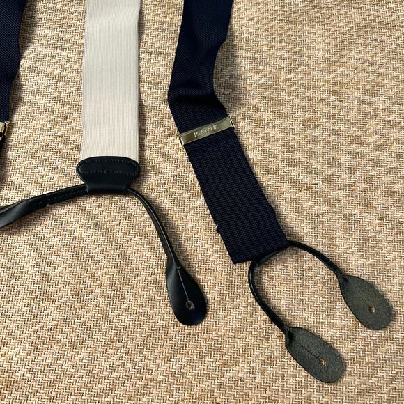 Jos A Bank Suspenders Navy Grosgrain Black Leather Button On Braces Mens - Picture 8 of 9